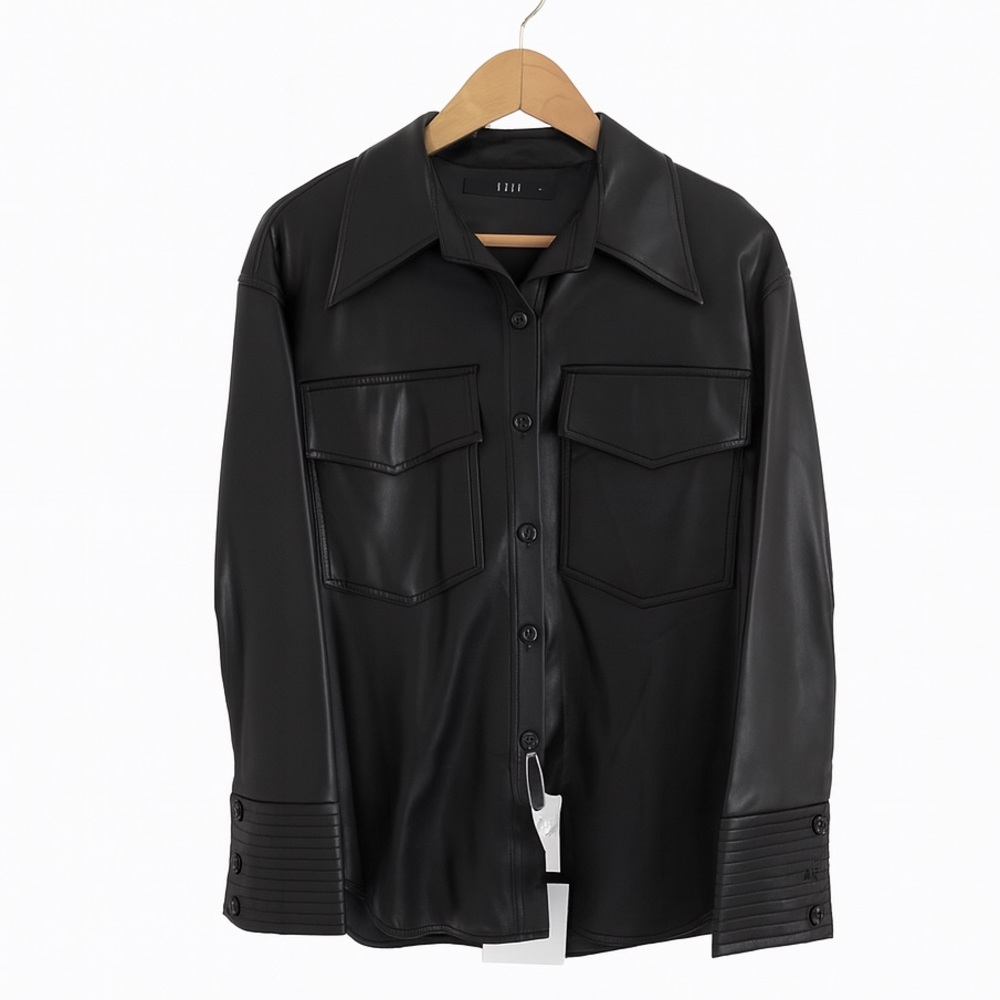 NWT Women’s Faux Leather Front Pockets Button-Up Long Sleeve Jacket Size M